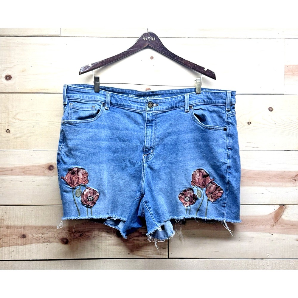Lane Bryant Womens Size 20 Denim Shorts Embroidered Floral Boho Raw Hem Blue Jea